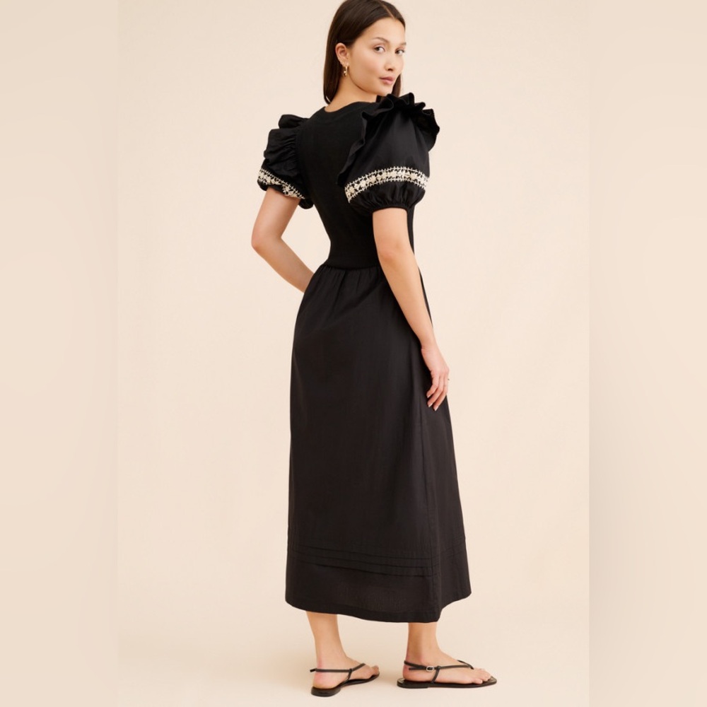 EUC Cleobella Black Selma Midi Dress with Ruffle Puff Short Sleeves & Embroidery - Picture 2 of 13